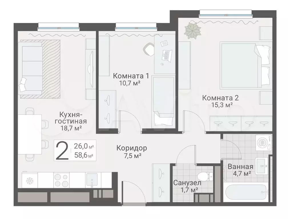 2-к. квартира, 58,6 м, 2/13 эт. - Фото 0