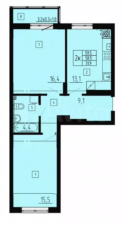 2-к. квартира, 60 м, 3/8 эт. - Фото 1