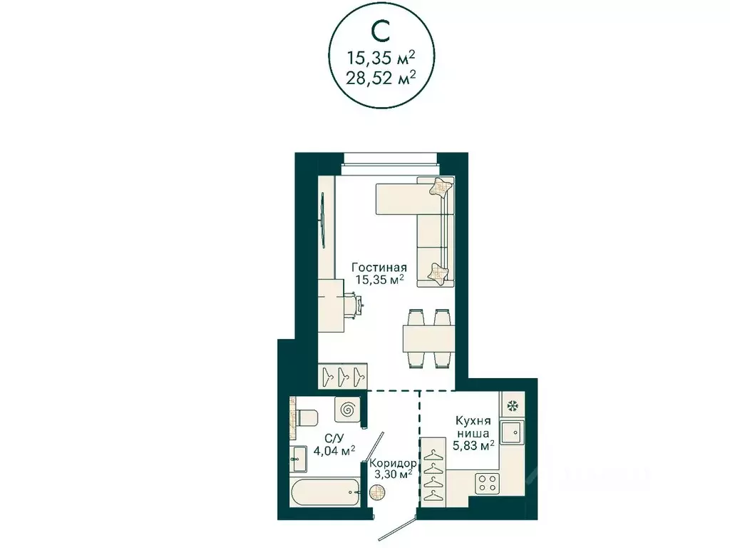 Студия Башкортостан, Уфа Сердце Уфы жилой комплекс (28.52 м) - Фото 2