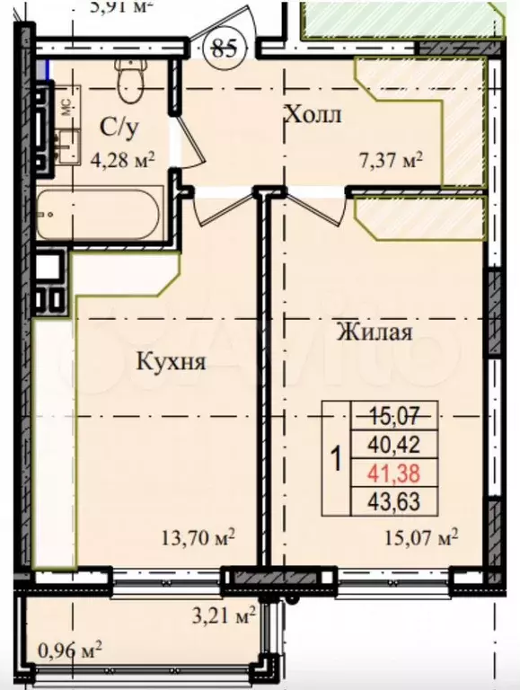 1-к. квартира, 42 м, 1/9 эт. - Фото 1