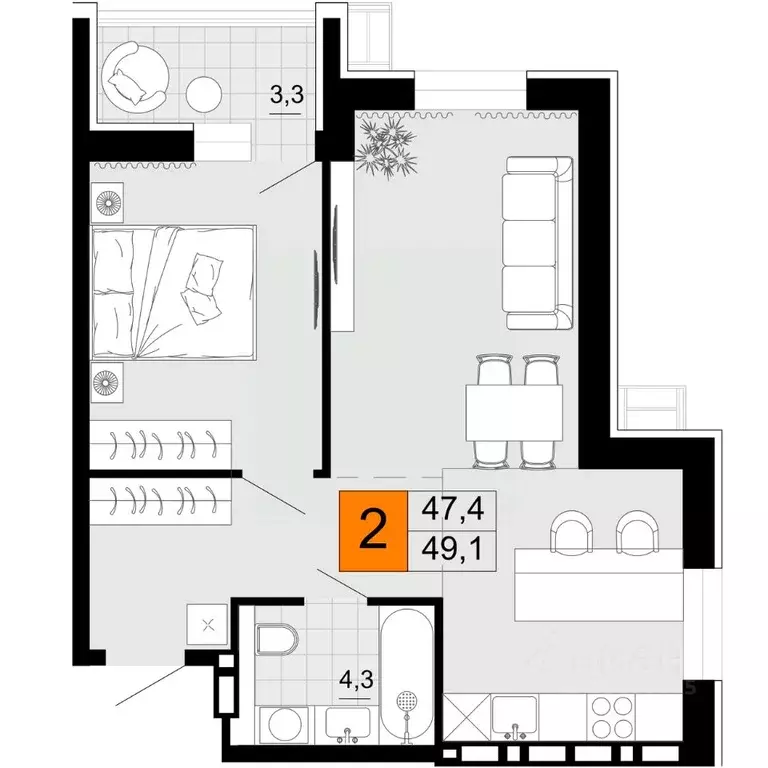 2-к кв. Приморский край, Уссурийск Горизонты жилой комплекс (49.1 м) - Фото 1