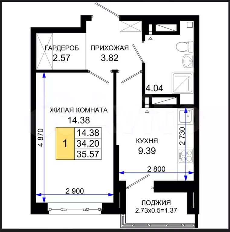 1-к. квартира, 35,6 м, 10/25 эт. - Фото 1