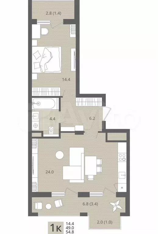1-к. квартира, 54,8 м, 2/7 эт. - Фото 1