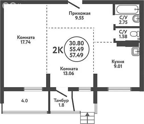 2-комнатная квартира: село Верх-Тула, Луговая улица, 19 (55.49 м) - Фото 0