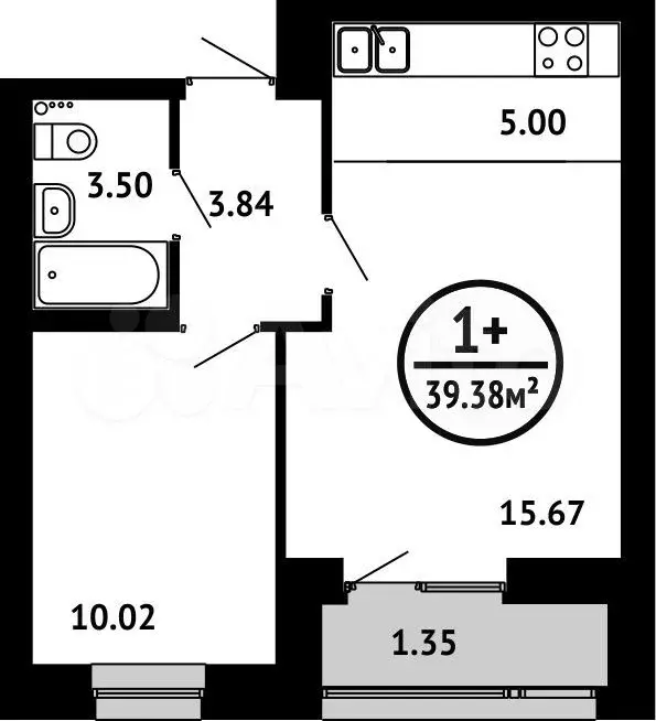 1-к. квартира, 39,4 м, 6/8 эт. - Фото 0