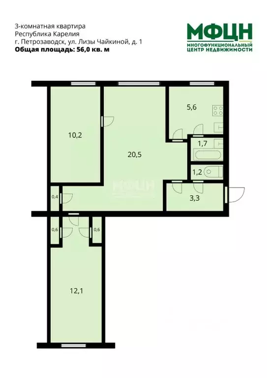 3-к кв. Карелия, Петрозаводск ул. Лизы Чайкиной, 1 (56.0 м) - Фото 2