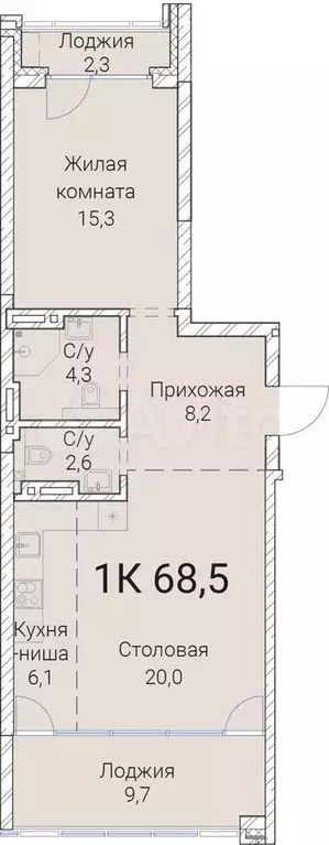 1-к. квартира, 68,5 м, 4/25 эт. - Фото 0