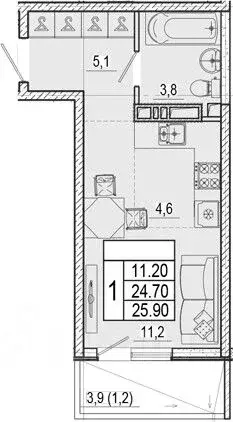 Студия Краснодарский край, Сочи Кудепста мкр,  (25.9 м) - Фото 1