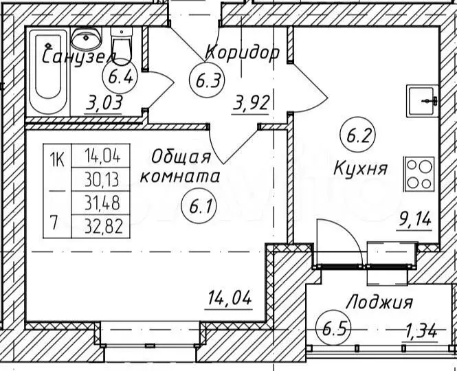 1-к. квартира, 32,8 м, 2/5 эт. - Фото 0