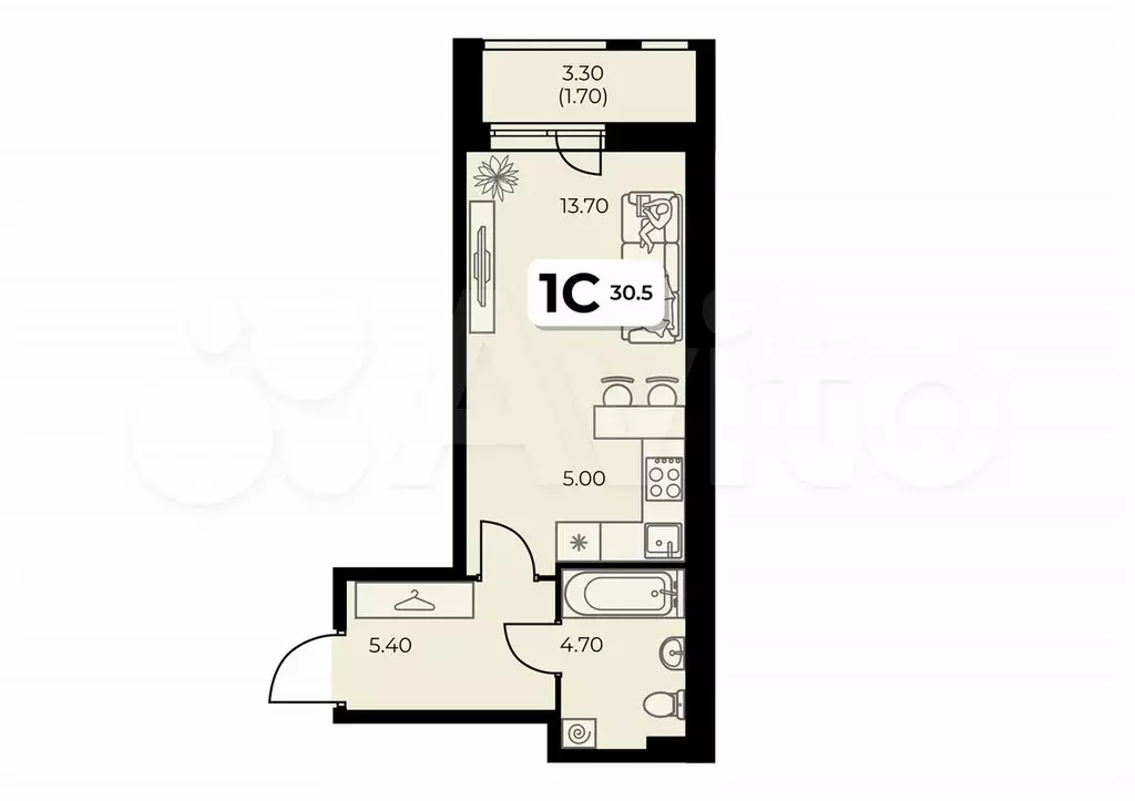 Квартира-студия, 30,5 м, 1/8 эт. - Фото 0