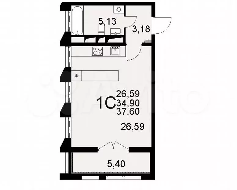 Квартира-студия, 38м, 7/16эт. - Фото 1