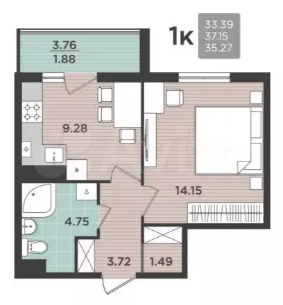 1-к. квартира, 37,2 м, 2/5 эт. - Фото 0