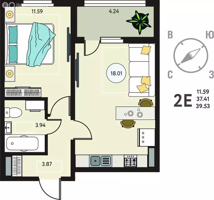 1-комнатная квартира: Липецк, ЖК Инстеп. Механизаторов (39.53 м) - Фото 1
