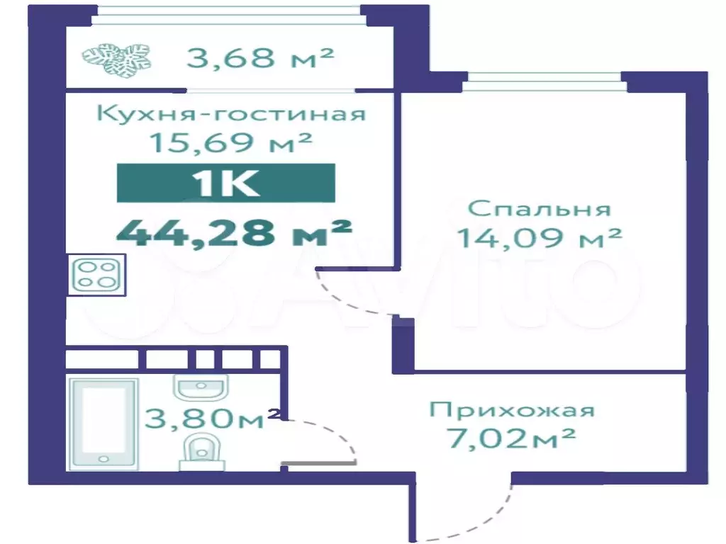1-к. квартира, 44,3 м, 8/10 эт. - Фото 1