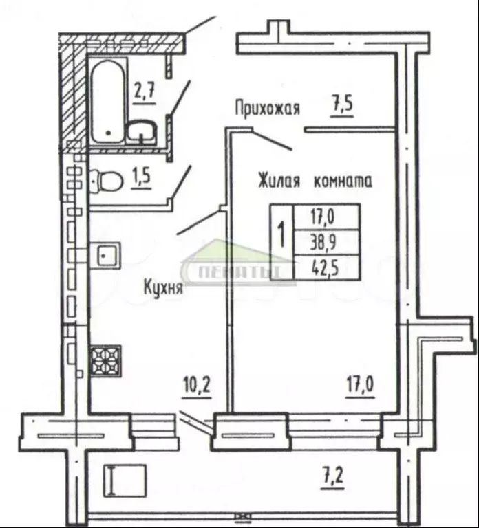 1-к. квартира, 42,5 м, 6/9 эт. - Фото 0