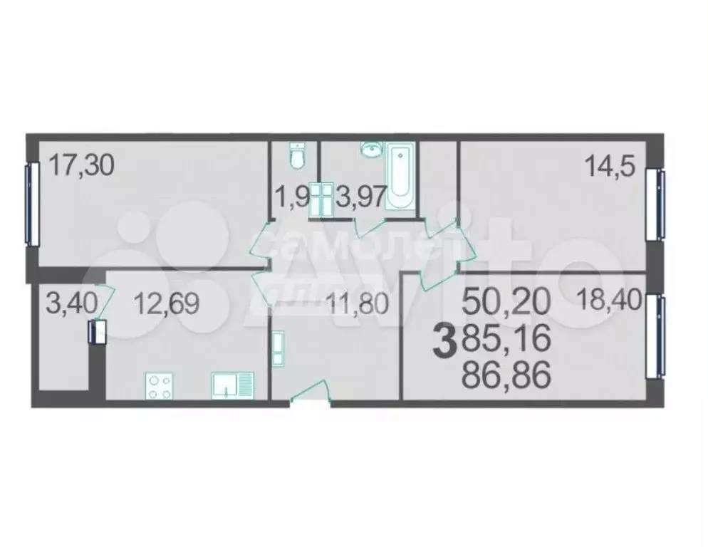 3-к. квартира, 85,6 м, 7/9 эт. - Фото 0