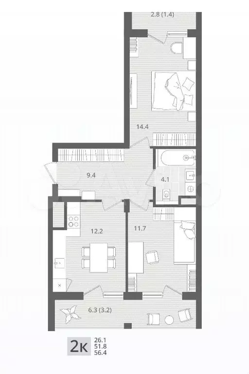 2-к. квартира, 56,4 м, 2/7 эт. - Фото 1