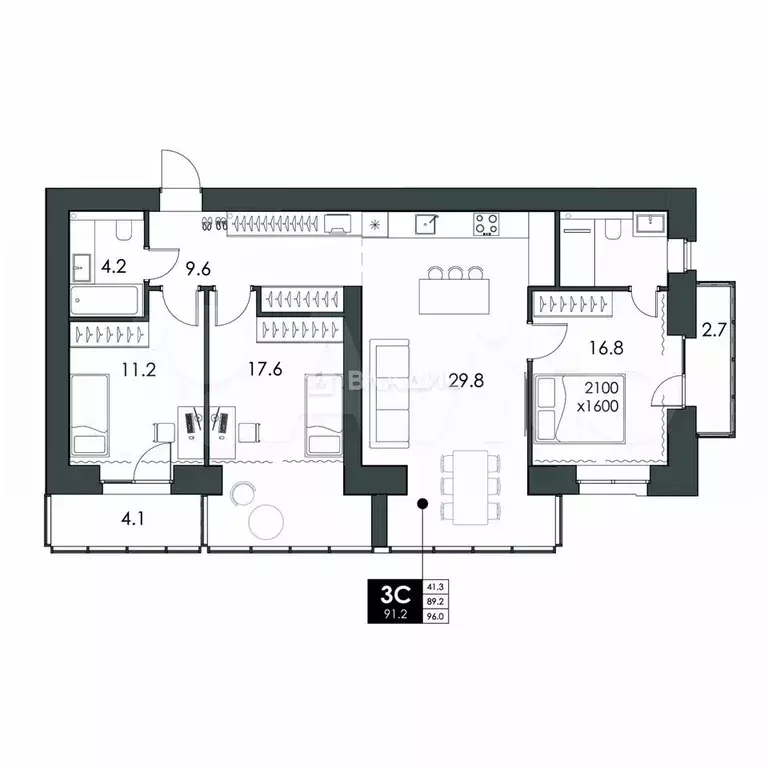 3-к. квартира, 91,2 м, 7/16 эт. - Фото 0