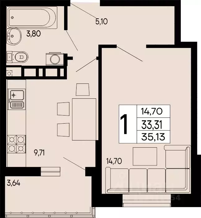 1-к кв. Адыгея, Майкоп 9 Мая ул. (35.13 м) - Фото 1