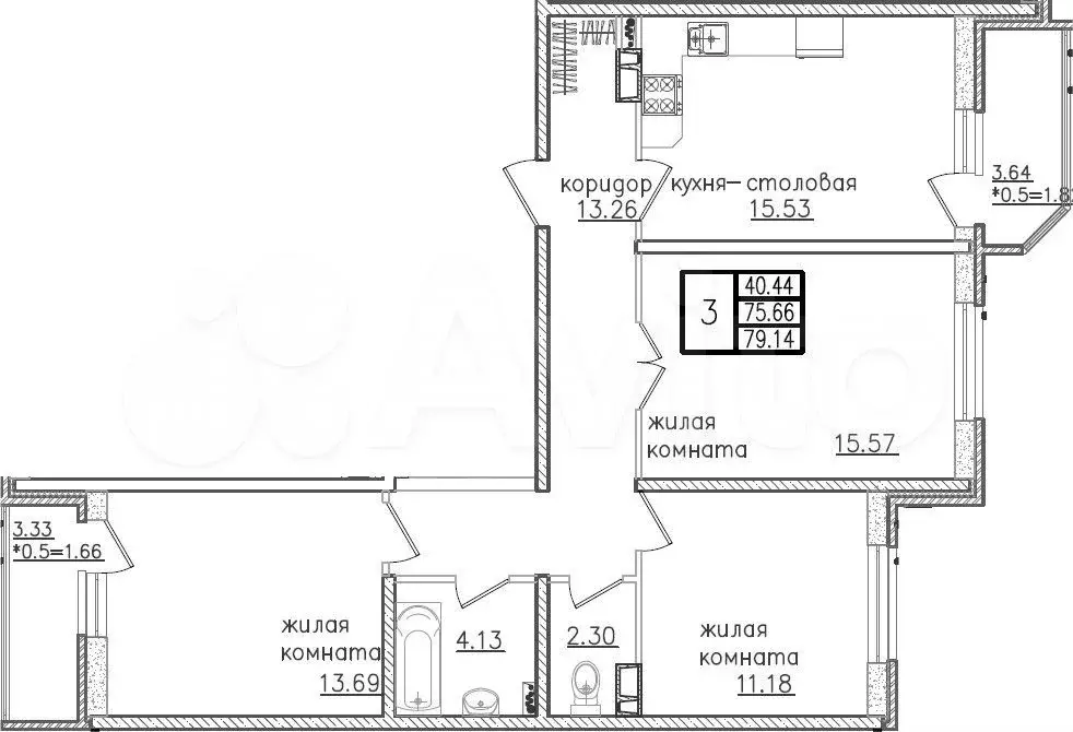 4-к. квартира, 79,1м, 12/23эт. - Фото 1