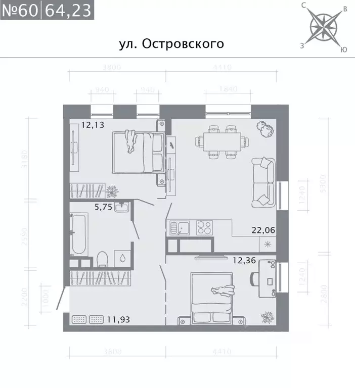 2-к кв. Татарстан, Казань Кастура Таун жилой комплекс (64.23 м) - Фото 0