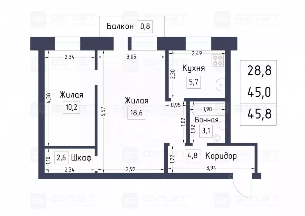 2-к кв. Татарстан, Казань Габдуллы Тукая ул., 65а (45.0 м) - Фото 1