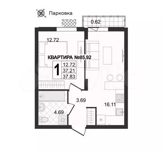 1-к. квартира, 37,8 м, 3/8 эт. - Фото 1