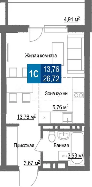 1-к. квартира, 26,7 м, 23/25 эт. - Фото 1