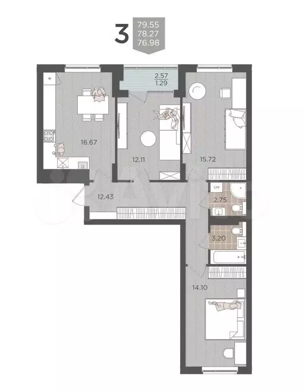 3-к. квартира, 78,3 м, 2/9 эт. - Фото 1