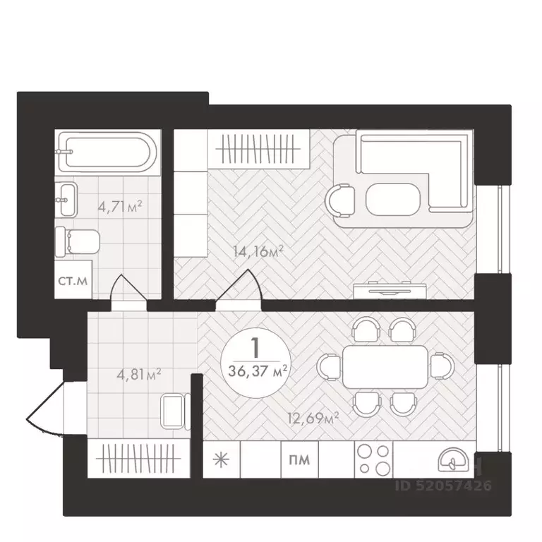 1-к кв. Башкортостан, Уфа Южный-2 мкр,  (36.37 м) - Фото 1