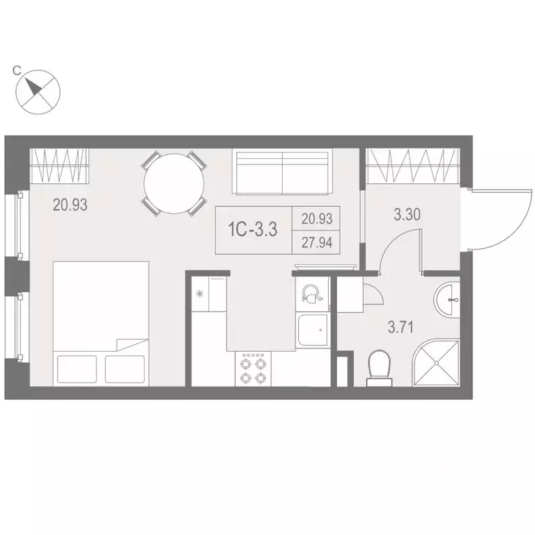 Студия Санкт-Петербург ул. Архивная, 3к1 (27.94 м) - Фото 1