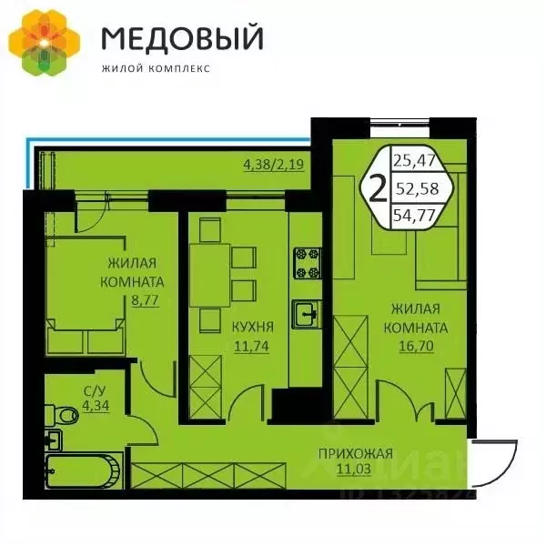 2-к кв. Пермский край, д. Кондратово ул. Н.М. Яблокова, 2 (54.77 м) - Фото 0