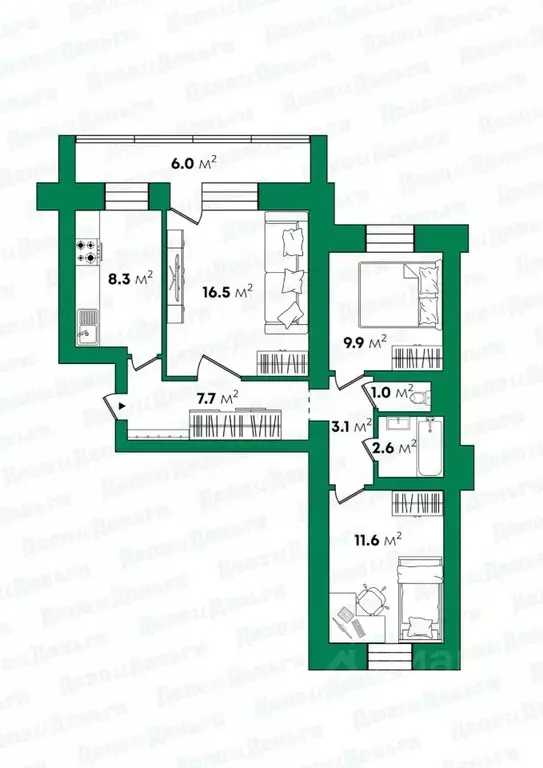 3-к кв. Кировская область, Киров ул. Чапаева, 7 (63.7 м) - Фото 1