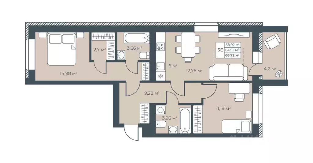 3-к кв. Нижегородская область, Выкса инженера Шухова кв-л,  (68.72 м) - Фото 1