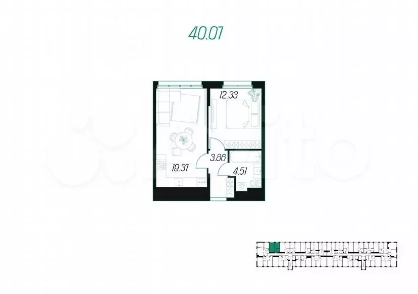 1-к. квартира, 40,1м, 2/10эт. - Фото 1