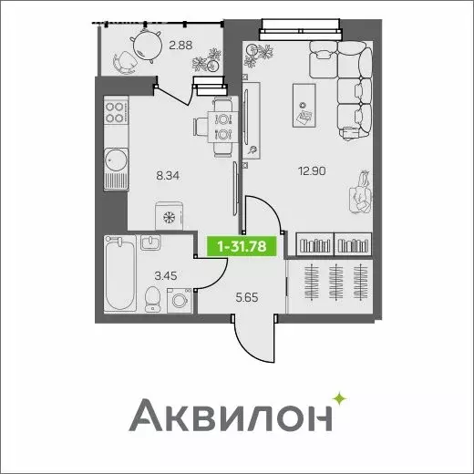 1-комнатная квартира: Архангельск, улица Валявкина, 28 (31.78 м) - Фото 0