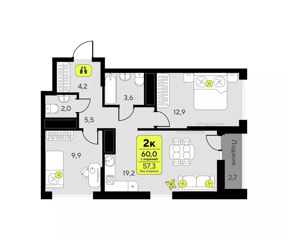 2-комнатная квартира: Тюмень, улица Андрея Приказнова, 1 (60 м) - Фото 1