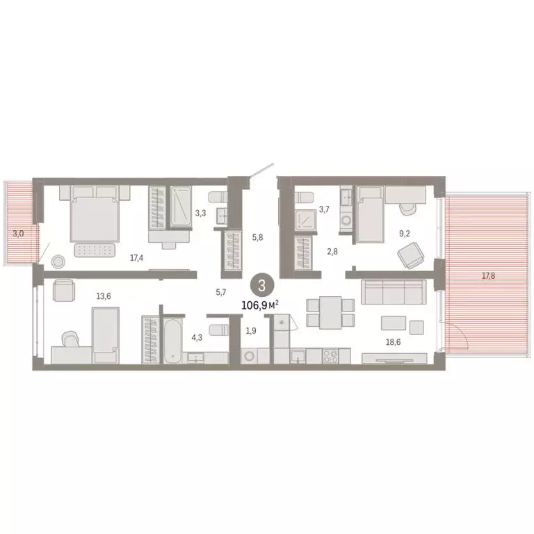 3-комнатная квартира: Тюмень, улица Республики, 205к3 (106.87 м) - Фото 2