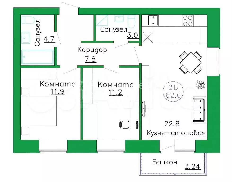 2-к. квартира, 62,6 м, 3/8 эт. - Фото 0