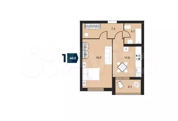 1-к. квартира, 40 м, 8/9 эт. - Фото 1