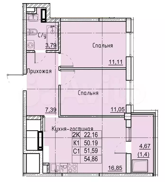 2-к. квартира, 54,9 м, 21/21 эт. - Фото 0