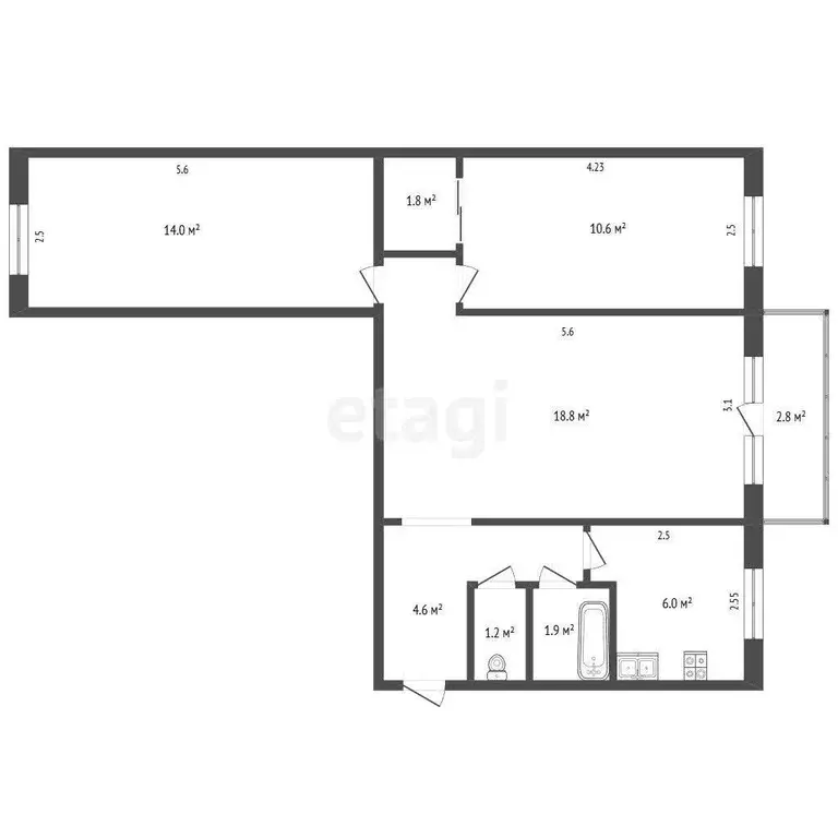 Квартира, 3 комнаты, 56.7 м - Фото 1