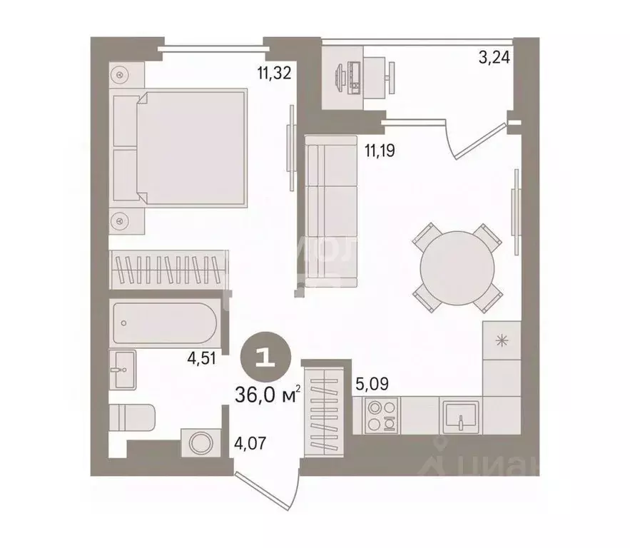 1-к кв. Тюменская область, Тюмень ул. Николая Глебова, 3 (36.0 м) - Фото 1