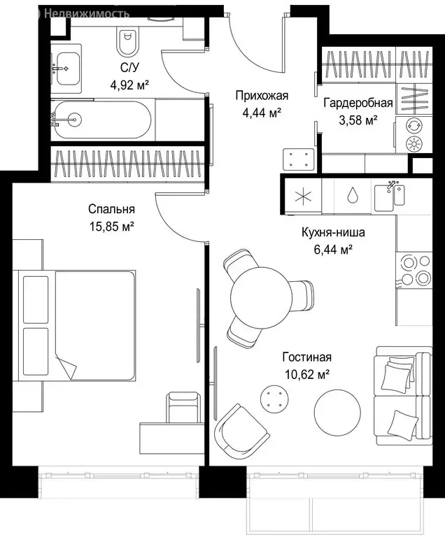 1-комнатная квартира: деревня Ликино, ЖК Мыс (45.85 м) - Фото 2