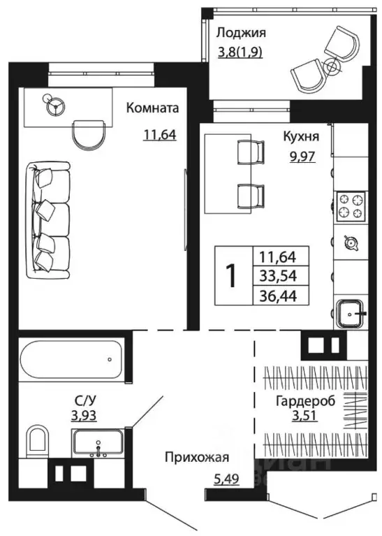 1-к кв. Ростовская область, Ростов-на-Дону ул. Текучева, 370/2 (35.84 ... - Фото 0