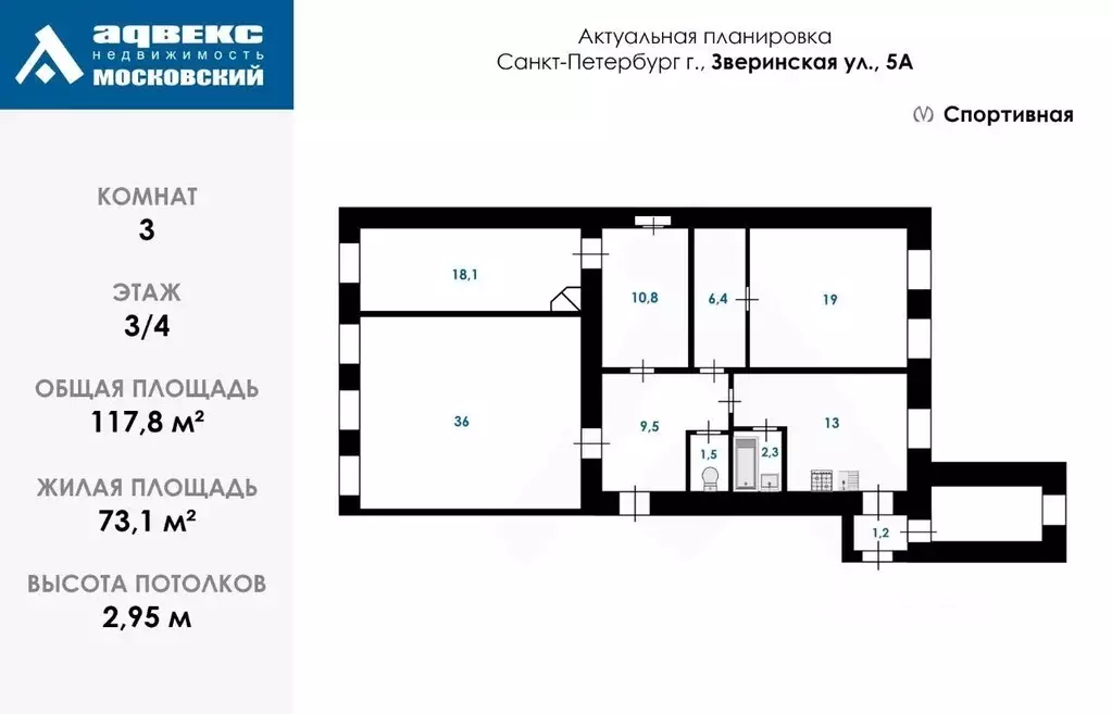 3-к кв. Санкт-Петербург Зверинская ул., 5 (117.8 м) - Фото 1