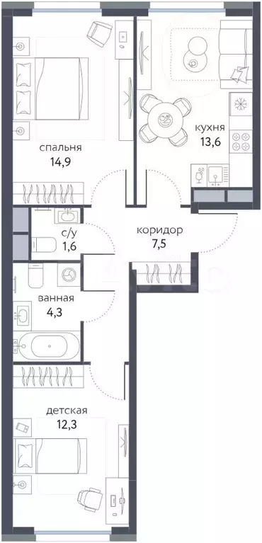 2-к. квартира, 54,2 м, 7/10 эт. - Фото 0