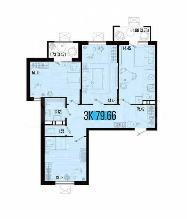 3-к. квартира, 79,7 м, 3/7 эт. - Фото 1