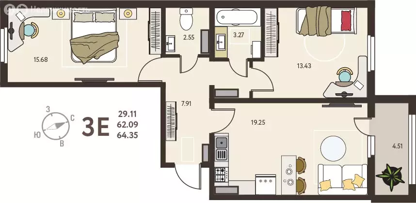 2-комнатная квартира: Курск, микрорайон Курского Завода Тракторных ... - Фото 0