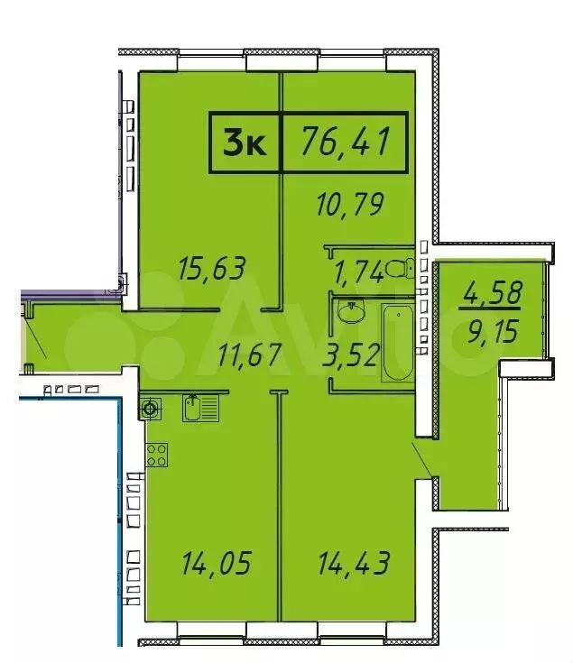 3-к. квартира, 76,4м, 1/9эт. - Фото 0